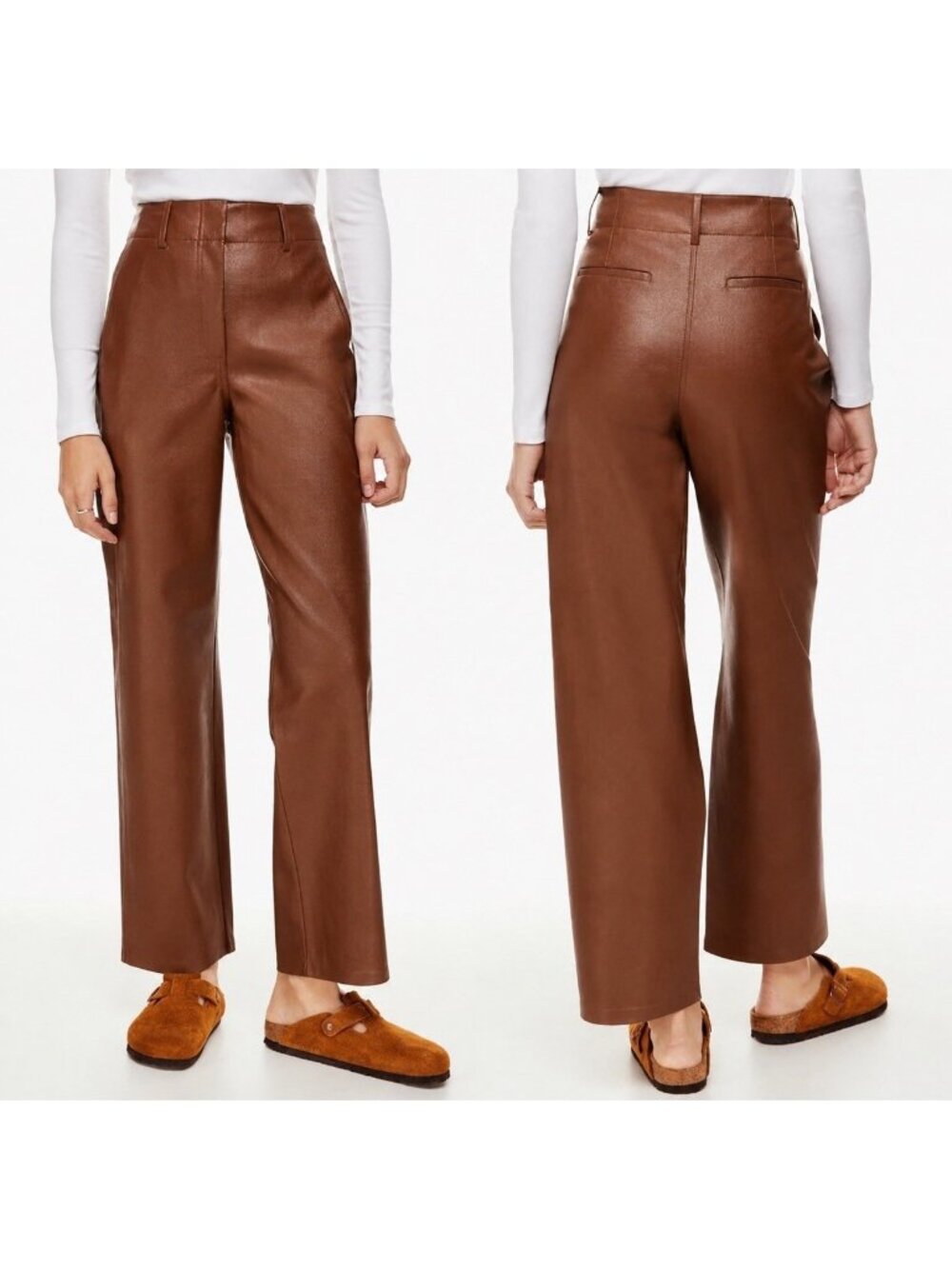 Aritzia Wilfred Free Vegan Leather Pants Womens 14 Cognac High Rise Wide Leg 90s